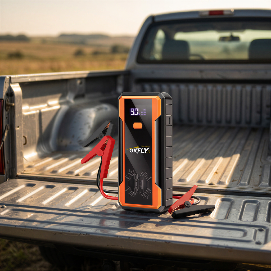Booster de démarrage GKFLY orange posé dans la benne d'un pick-up
