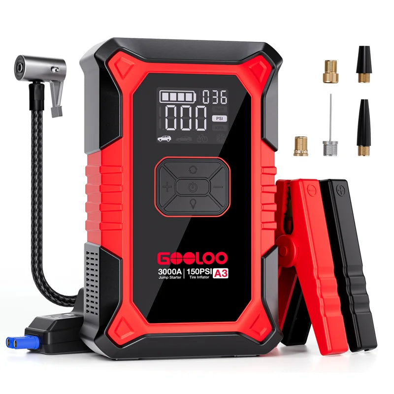 Booster de démarrage GOOLOO rouge et noir, pinces, flexible de gonflage et embouts, sur fond blanc
