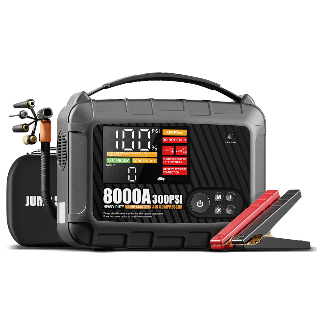Station de démarrage AdoreTrip 12V à poignée avec compresseur 300 PSI, pinces et flexible, sur fond blanc