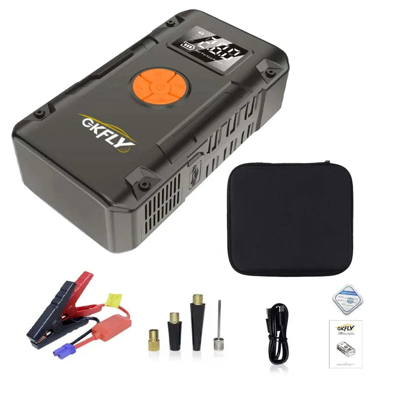 Booster de démarrage GKFLY vu de dessus avec sa housse et ses accessoires, sur fond blanc