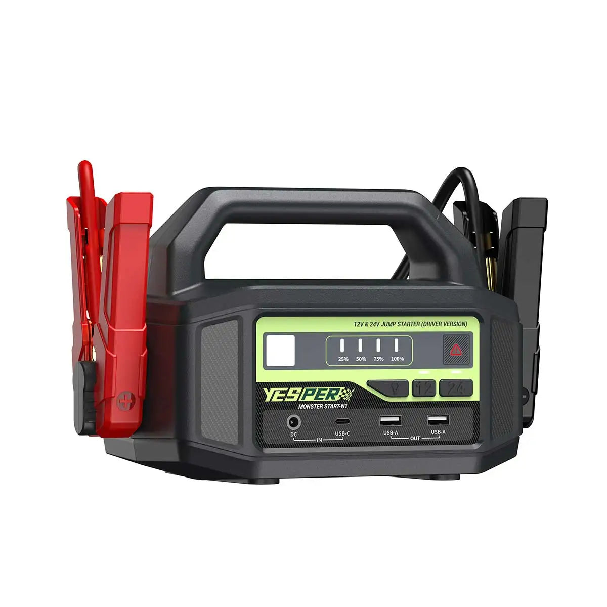 Station de démarrage YESPER 12V et 24V à poignée, avec pinces, sur fond blanc
