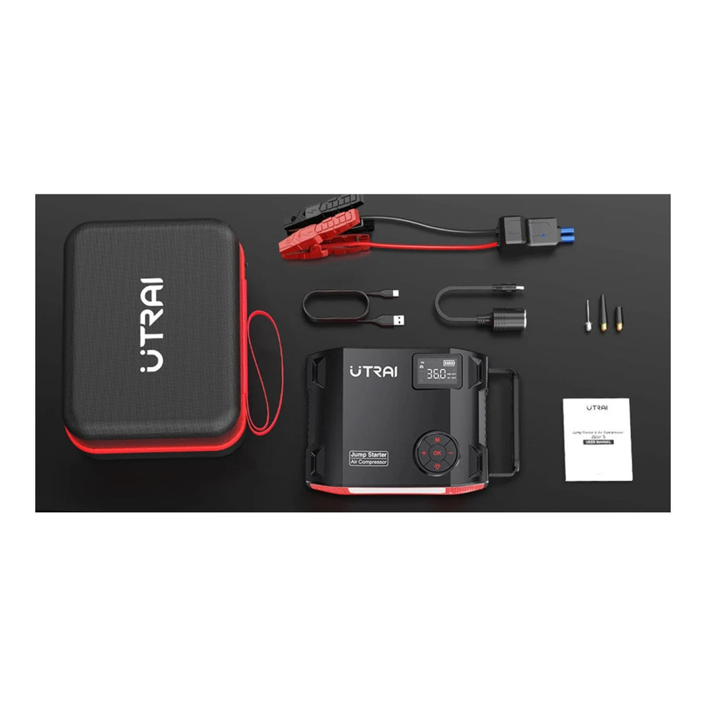 Contenu du coffret du booster de démarrage UTRAI 4 en 1, sur fond blanc