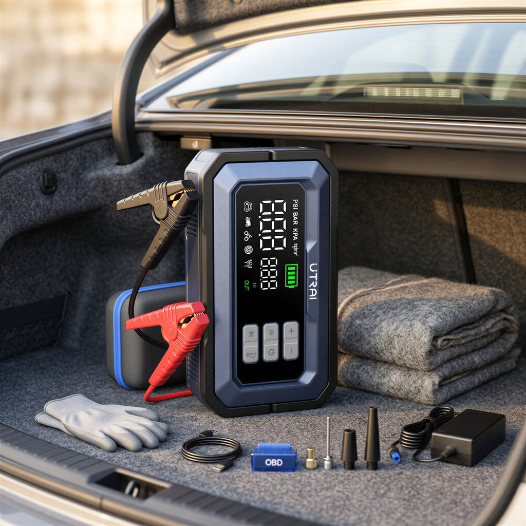 Booster de démarrage UTRAI JS-30 posé dans le coffre d'une voiture