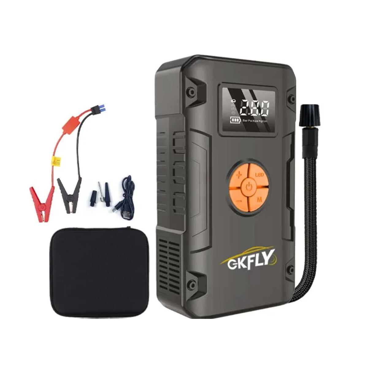 Contenu du coffret GKFLY : booster, pinces, embouts de gonflage et housse, sur fond blanc