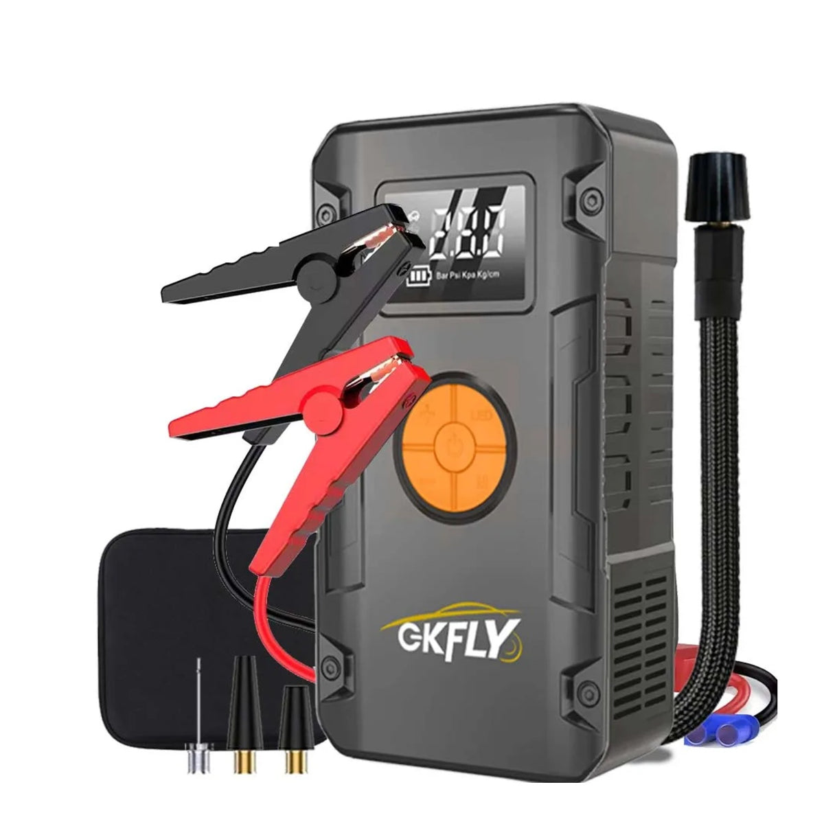 Booster de démarrage GKFLY avec compresseur d'air, vu de trois quarts sur fond blanc