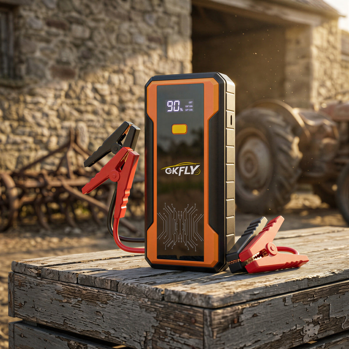 Booster de démarrage GKFLY orange posé dans une cour de ferme