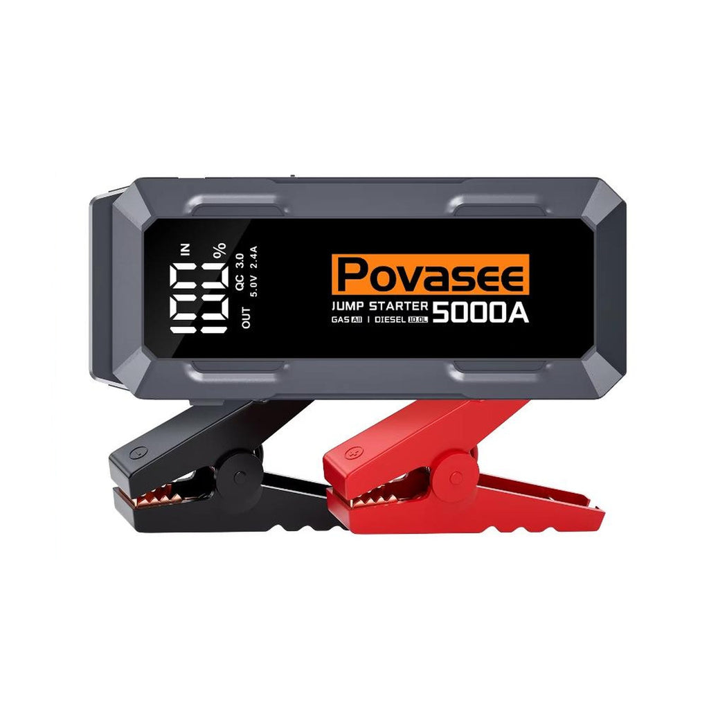 Booster de démarrage Povasee à écran 3 pouces, pinces dépliées, sur fond blanc